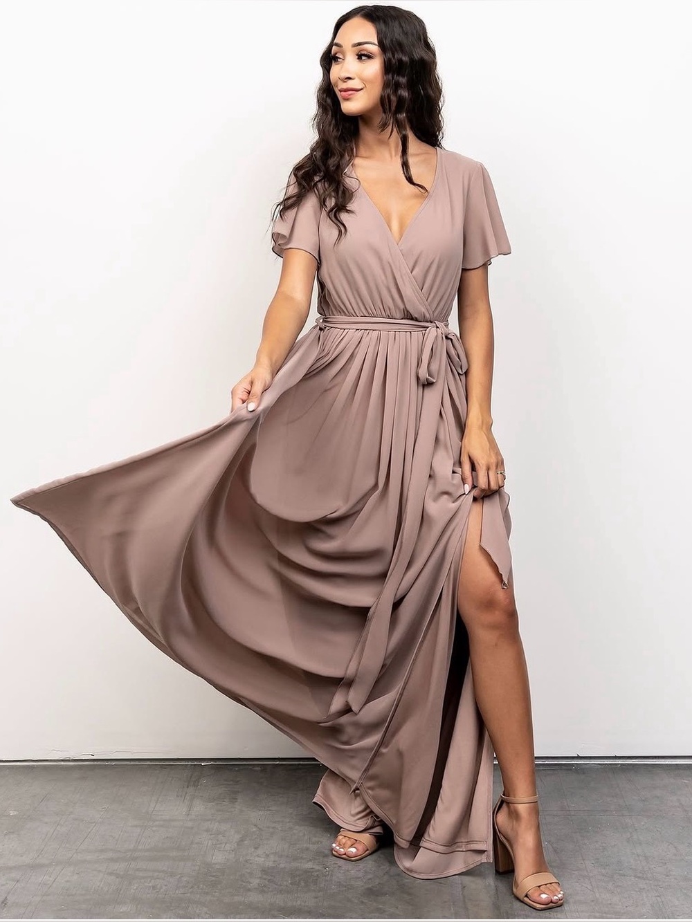 Baltic Born Kristina Maxi Dress 3X Taupe Flutter Sleeve Tie Waist NWT